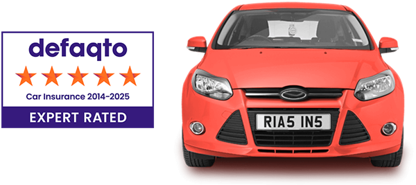 Red coloured car with defaqto five star rated logo