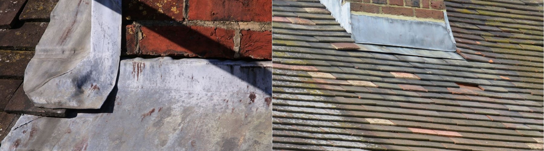 illustration of 2 roofs - with lead flashing, and chimney close ups