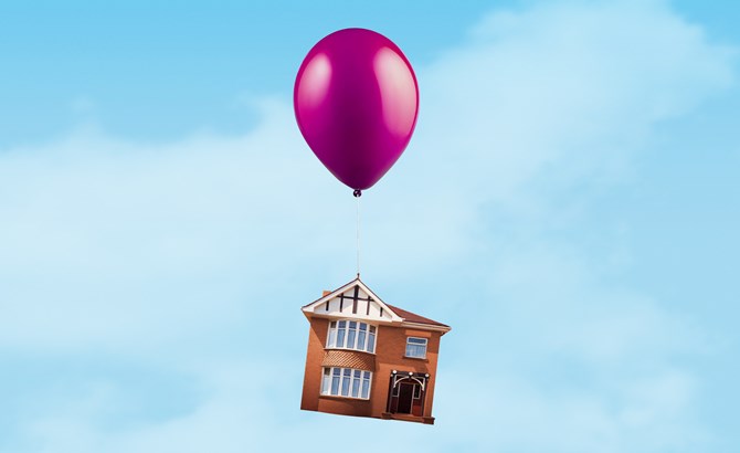 A house in the sky attached to a pink balloon