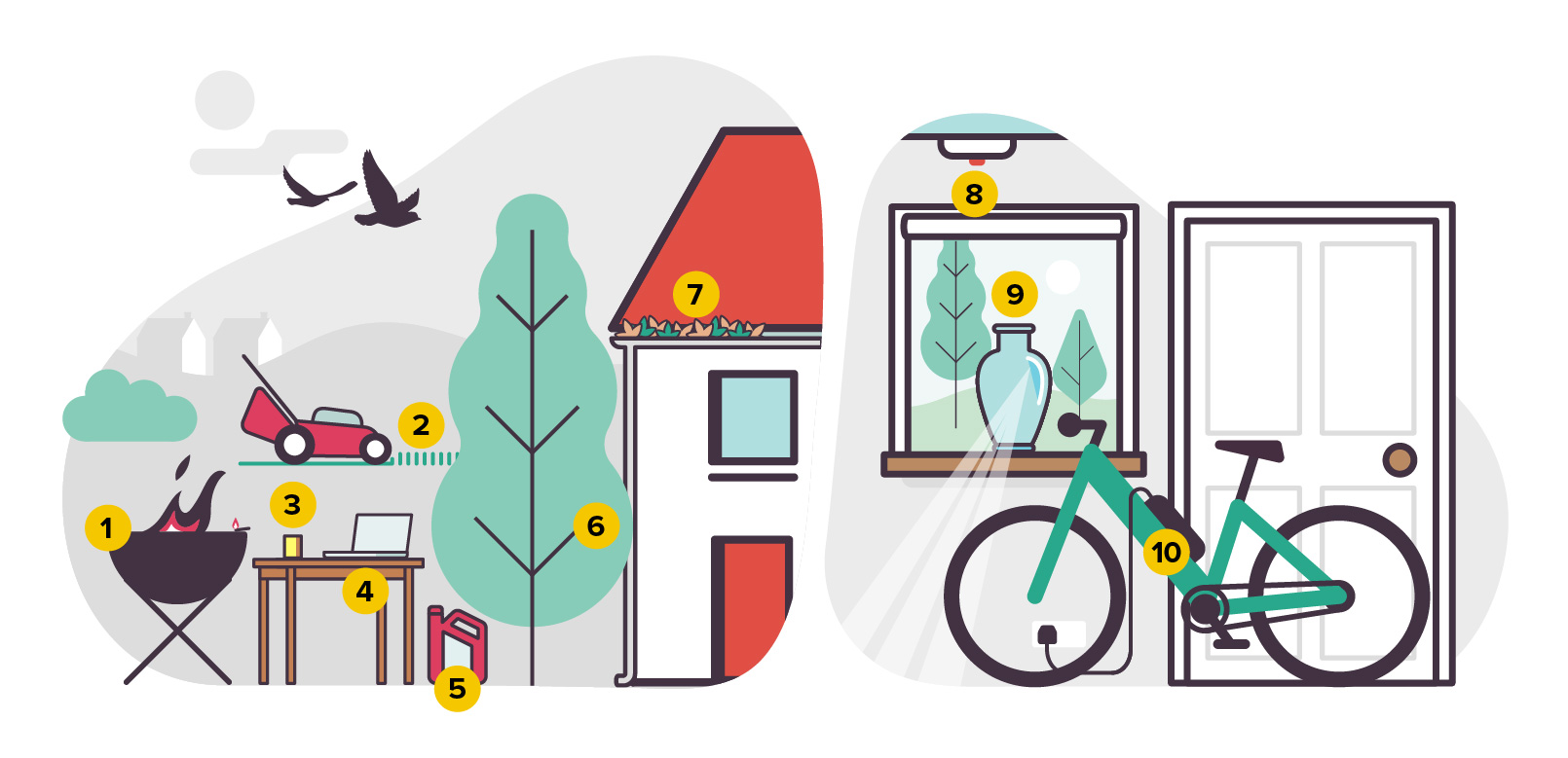 Illustration to show tips to prevent risk of fire inside and outside the home in a heatwave