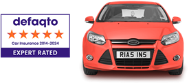 A red coloured car with 5 star rated defaqto logo